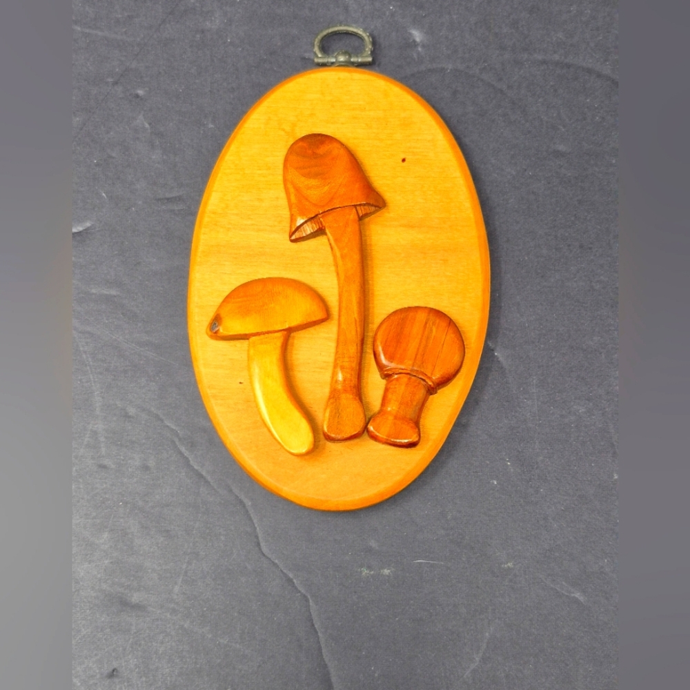 Vintage Wooden Oval Mushroom Wall Hanging